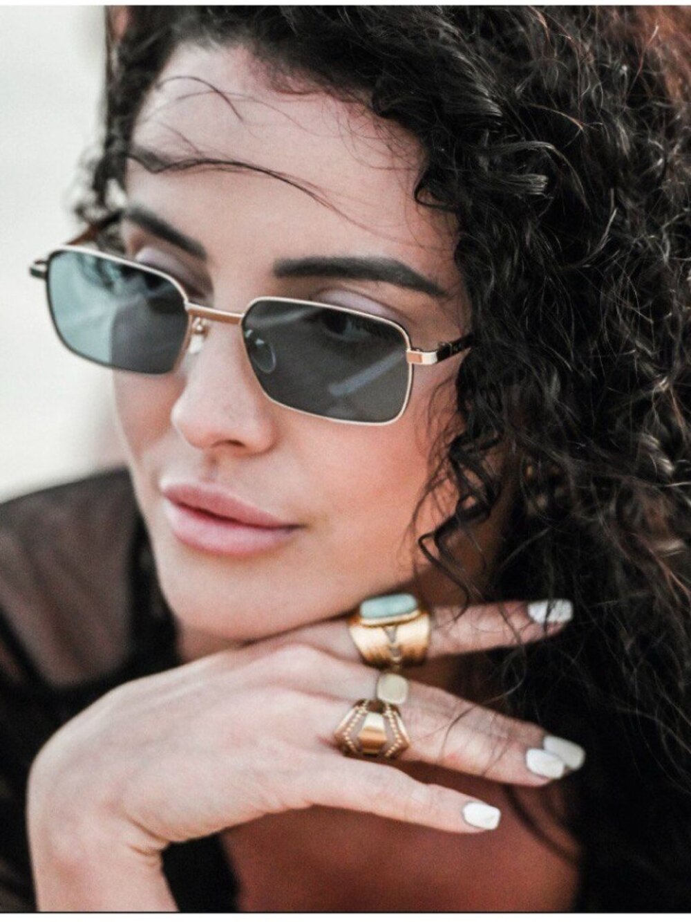 Gucci GG1457S 005 Sunglasses Gold Rectangle Frame, Green Lenses